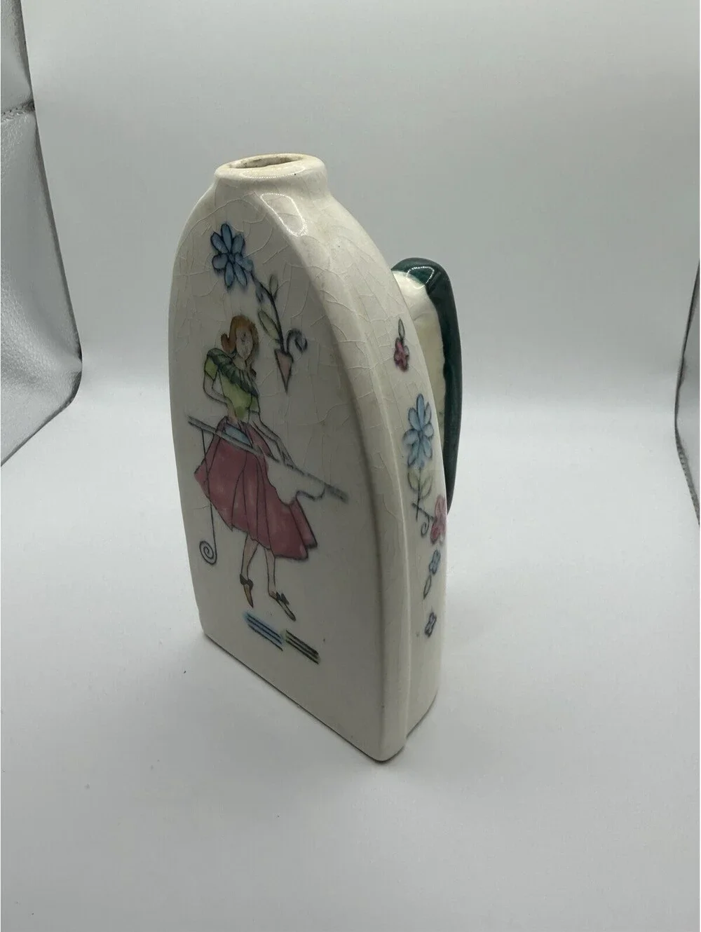 Vintage Ceramic Ironing Sprinkler Bottle Iron Shaped Bottle Flowers/Lady Rare